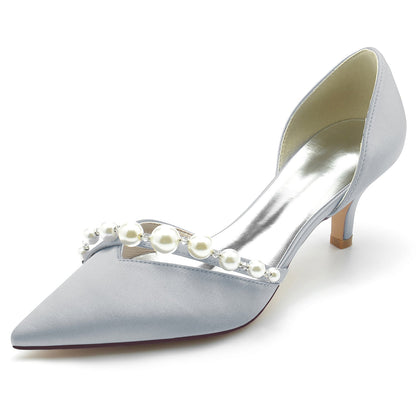 Chaussures de Mariage à Talon Aiguille et Bout Fermé En Satin de Soie pour Femmes avec Perles