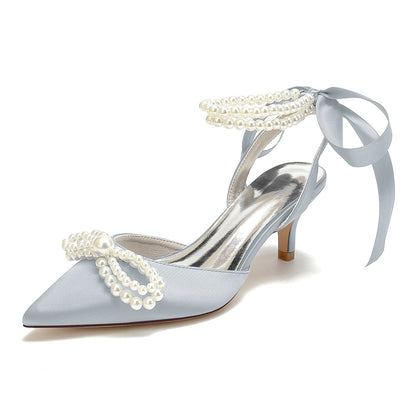 Chaussures de Mariage à Talons Aiguilles et Bout Fermé En Satin de Soie pour Femmes avec Bride à la Cheville et Perles