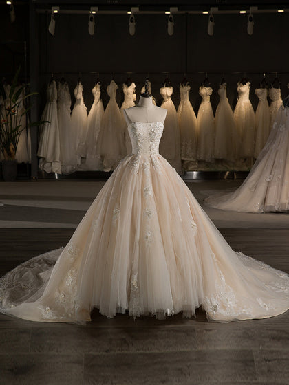 Robe de mariée en tulle, sans bretelles, sans manches, broderie florale, avec perles, traîne tribunal, robe de bal