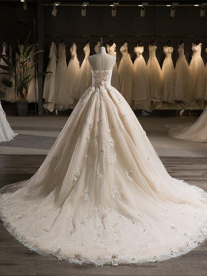 Robe de mariée en tulle, sans bretelles, sans manches, broderie florale, avec perles, traîne tribunal, robe de bal