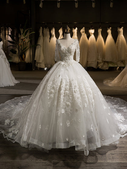 Robe de mariée luxueuse en Tulle, col en v, demi-manches, avec perles, traîne cathédrale, robe de bal