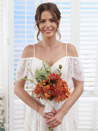 Bouquets de mariée artificiels noués à la main avec nœud papillon en rouge coucher de soleil et orange