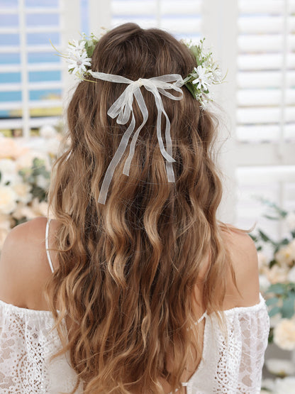 Couronnes de fleurs de mariage blanches artificielles avec bande de tulle