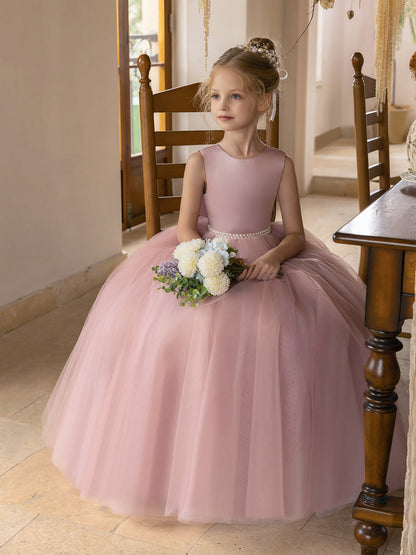 Robes de Fille de Fleur à Jupe Bouffante en Tulle avec Perles et Nœud en Satin