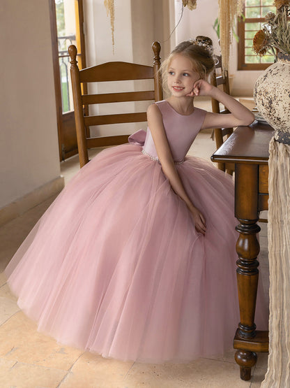 Robes de Fille de Fleur à Jupe Bouffante en Tulle avec Perles et Nœud en Satin