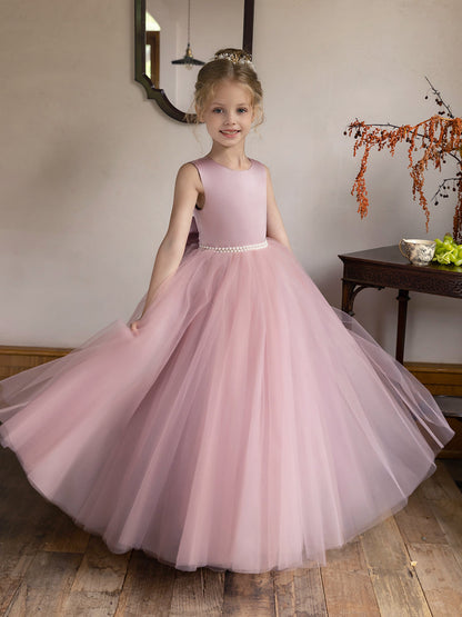 Robes de Fille de Fleur à Jupe Bouffante en Tulle avec Perles et Nœud en Satin