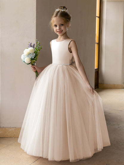 Robes de Fille de Fleur à Jupe Bouffante en Tulle avec Perles et Nœud en Satin