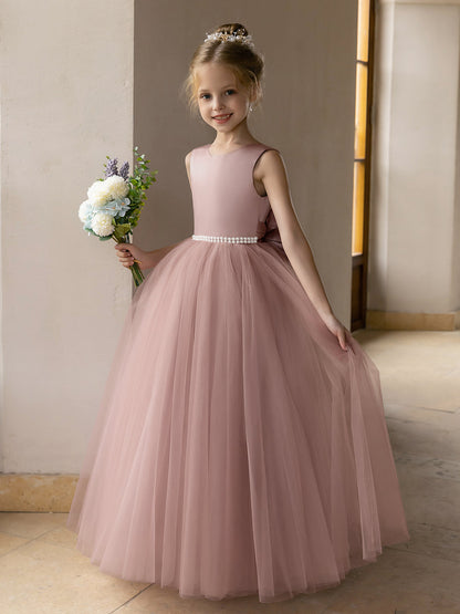 Robes de Fille de Fleur à Jupe Bouffante en Tulle avec Perles et Nœud en Satin