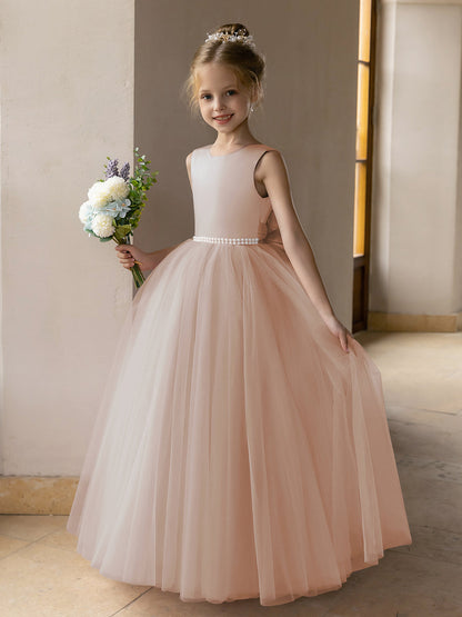 Robes de Fille de Fleur à Jupe Bouffante en Tulle avec Perles et Nœud en Satin