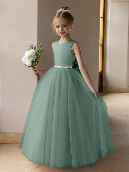 Robes de Fille de Fleur à Jupe Bouffante en Tulle avec Perles et Nœud en Satin