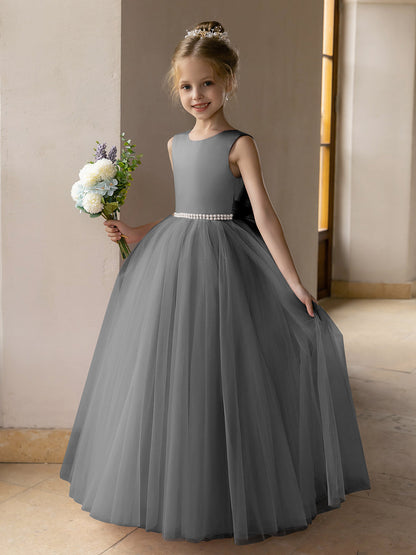 Robes de Fille de Fleur à Jupe Bouffante en Tulle avec Perles et Nœud en Satin