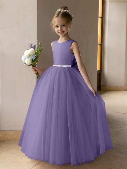 Robes de Fille de Fleur à Jupe Bouffante en Tulle avec Perles et Nœud en Satin