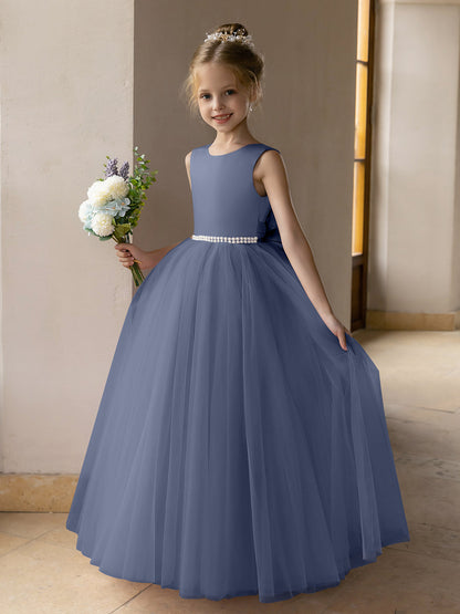 Robes de Fille de Fleur à Jupe Bouffante en Tulle avec Perles et Nœud en Satin