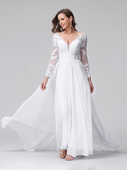 Robe de mariée trapèze col en V, manches longues, en mousseline de soie, avec appliques en dentelle