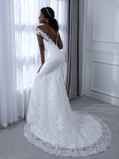 Robes de mariée sirène en tulle sans manches à col transparent avec appliques