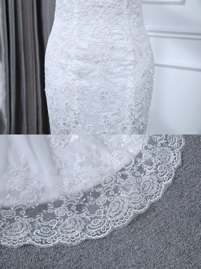 Robes de mariée sirène en tulle sans manches à col transparent avec appliques