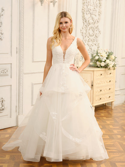 Robe de mariée longue sans manches à col en V avec appliques