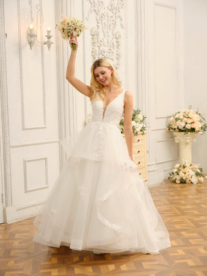 Robe de mariée longue sans manches à col en V avec appliques