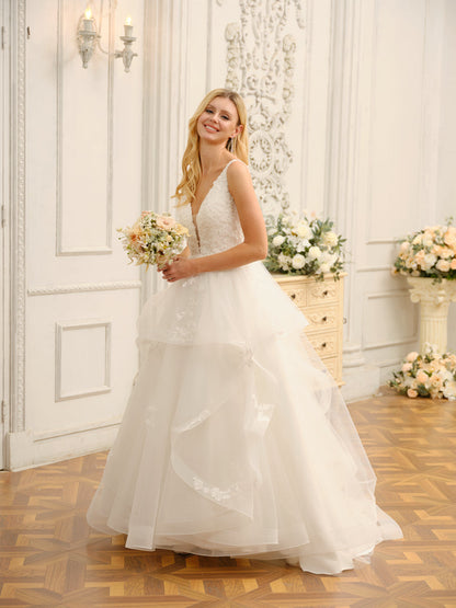 Robe de mariée longue sans manches à col en V avec appliques