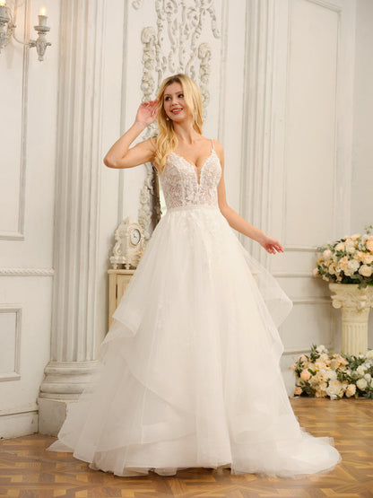 Robes de mariée longues sans manches, bretelles spaghetti, col en V, avec appliques et perles