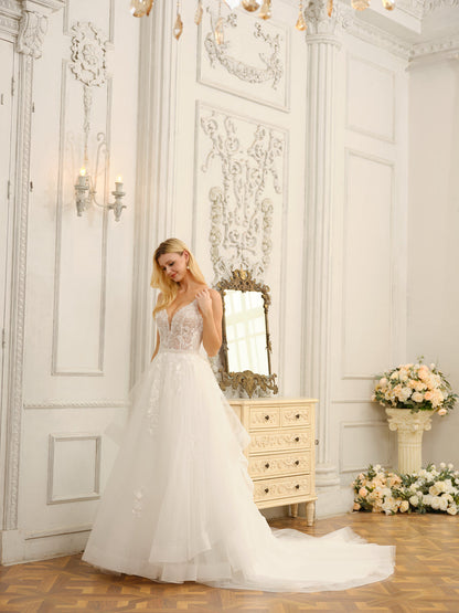 Robes de mariée longues sans manches, bretelles spaghetti, col en V, avec appliques et perles