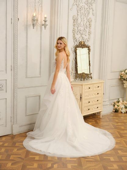 Robes de mariée longues sans manches, bretelles spaghetti, col en V, avec appliques et perles